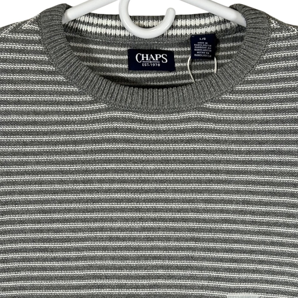 Chaps Mens Crewneck Sweater Light Gray Heather Striped Cotton New Size Large‎